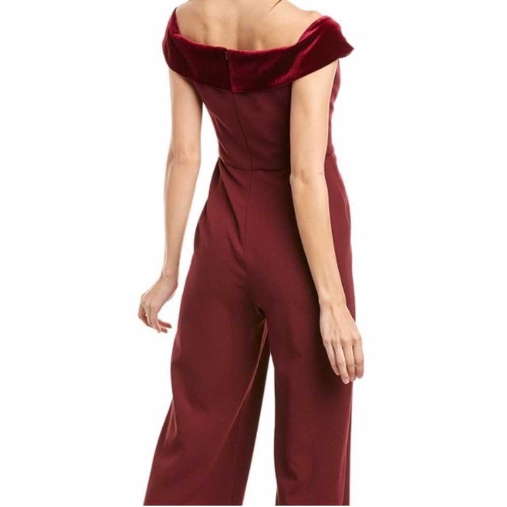 Black Halo jumpsuit. Adorable! Color of the season! Burgandy. Velvet trim - Picture 3 of 6